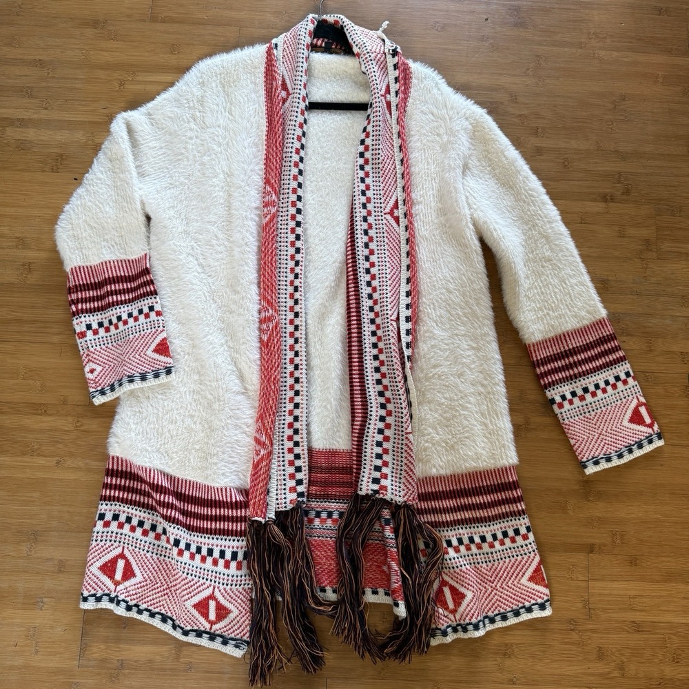 Maxsport Open Front Cardigan Sweater Southwest Aztec Tribal Fringe Knit Size XL